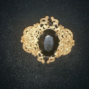 Vintage Style Brooch Gold Tone w/Faux Black Stone